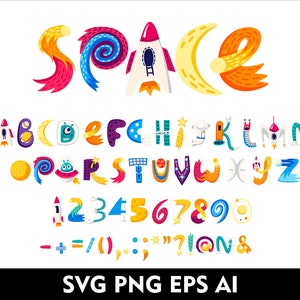 Cartoon Space Alphabet Kids Space Doodle Schrift Deep Space Alphabet Buchstaben svg Eps Png Ai Schrift Space Doodle Letters