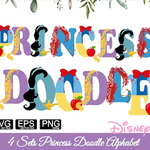 Prinzessin Schrift 4 Set Prinzessin Doodle Alphabet Gefrorene SVG, Belle geschnitten Datei