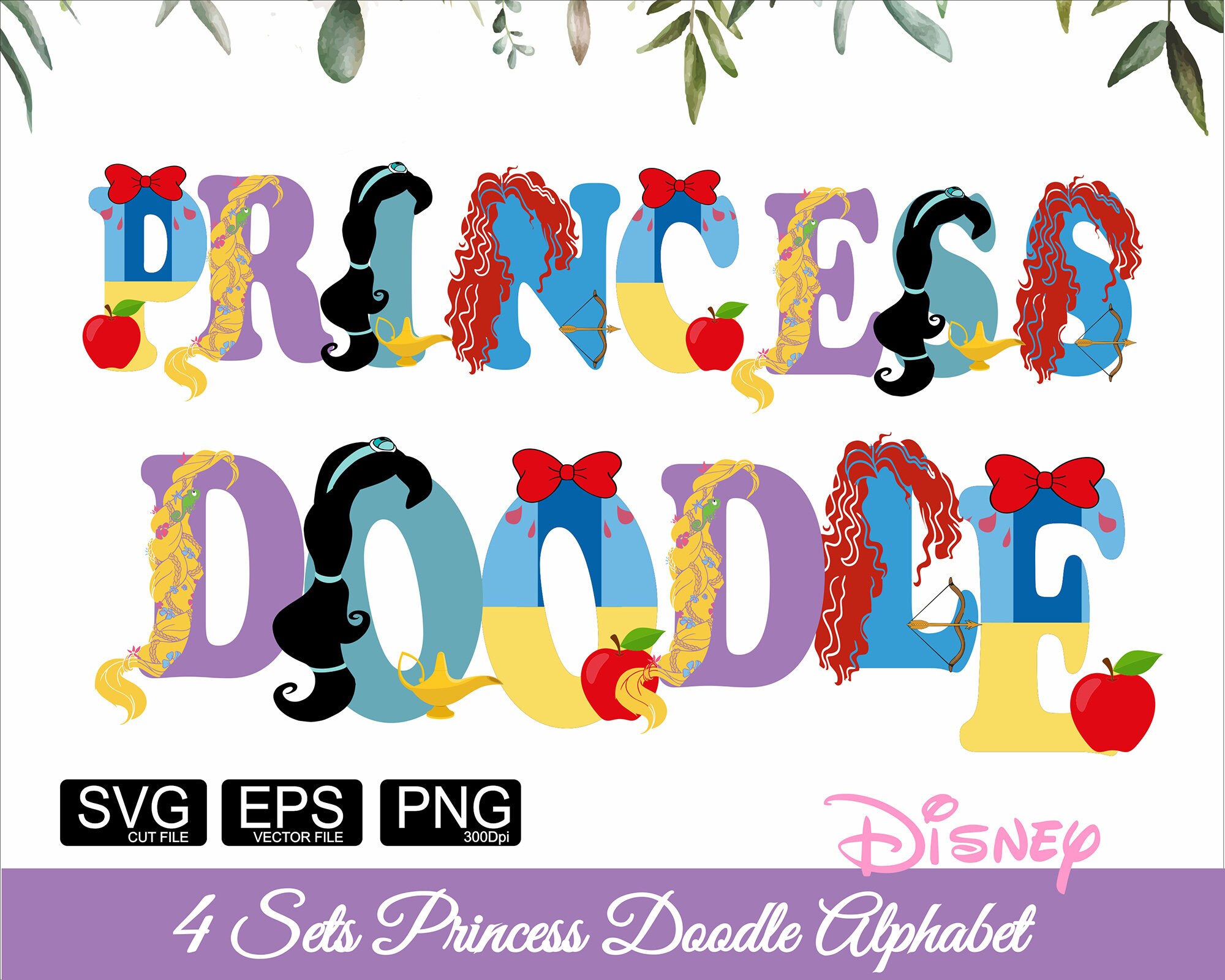 Princess Font 4 Set Princess Doodle Alphabet Frozen SVG, Belle Svg, Anna Princess Letters Girl Birthday Font Svg Png Eps