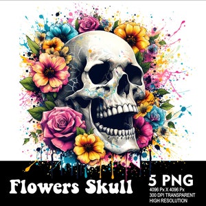 May include: A colorful skull with a vibrant floral arrangement, featuring pink, yellow, blue, and green flowers. The skull is surrounded by colorful paint splatters, creating a dynamic and artistic design.