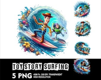 5 PNG Toy Story Woody Surfing Splash en aquarel transparant PNG-bestand voor sublimatie 300 dpi hoge resolutie digitale PNG-downloadbestanden