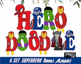 Super Hero Alphabet PNG Avanger Font Super Hero Letter Hero Doodle PNG font Kids Sublimation Font Kids Tshirt Design