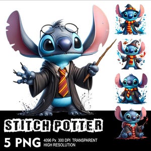Könnte beinhalten: Stitch, eine blaue Alienfigur, ist als Zauberer mit einem schwarzen Umhang, einer rot-gelben Krawatte und einem spitzen Hut gekleidet. Er hält einen Zauberstab und hat einen schelmischen Ausdruck im Gesicht. Das Bild ist eine digitale Illustration und enthält den Text "Stitch Potter" und "5 PNG".