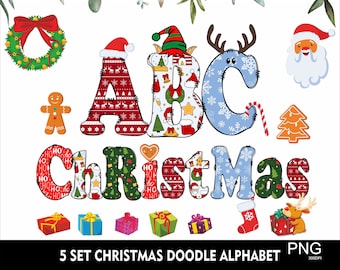 Christmas Doodle Alphabet Merry Christmas Letters and Clipart PNG Font 5 Set Christmas Font