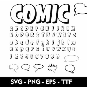 Fuente cómica SVG Comic Bubbles Clipart Fuente para niños - Comic Svg Png Eps Ai - Fuente del alfabeto héroe para Cricut - Letras cómicas Comic Burst
