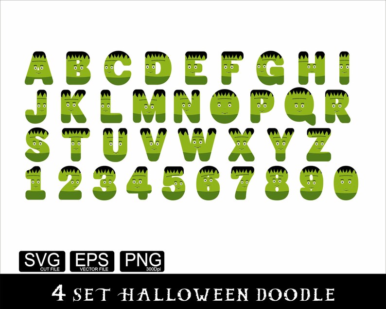 May include: Green alphabet and numbers with Frankenstein faces. The letters and numbers are outlined in black. The letters are uppercase and the numbers are in standard font. The text "4 SET HALLOWEEN DOODLE" is at the bottom of the image.