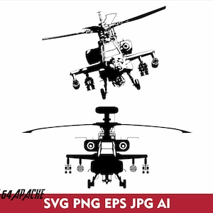 Könnte beinhalten: Schwarz-Weiß-Illustration von zwei AH-64 Apache Hubschraubern. Einer ist von unten, der andere von vorne zu sehen. Der Text "AH-64 APACHE SVG PNG EPS JPG AI" ist unten auf einem roten Banner zu sehen.