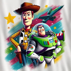May include: Illustration of Woody and Buzz Lightyear from Toy Story. Woody wears a cowboy hat, yellow shirt, and vest. Buzz Lightyear is in a green and white spacesuit. A green spaceship and yellow stars are in the background.