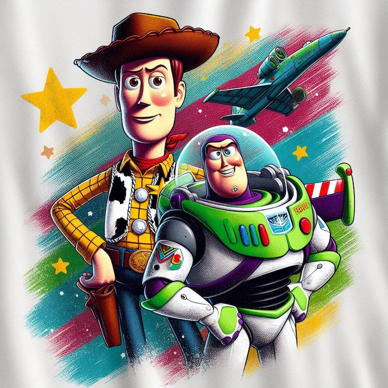 May include: Illustration of Woody and Buzz Lightyear from Toy Story. Woody wears a cowboy hat, yellow shirt, and vest. Buzz Lightyear is in a green and white spacesuit. A green spaceship and yellow stars are in the background.