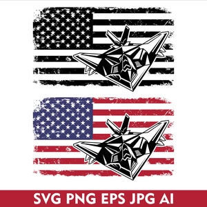 May include: A black and white illustration of a fighter jet flying over a distressed American flag. The flag is red, white, and blue with a grunge effect. The jet is in the center of the image and is facing the viewer. The image is a digital download and includes SVG, PNG, EPS, JPG, and AI file formats.