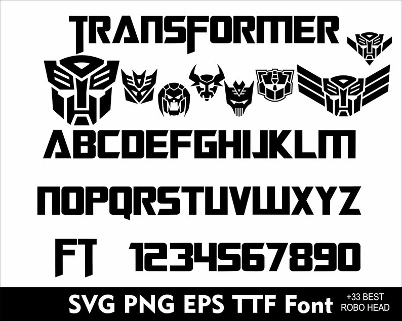 Puede incluir: Dise&ntilde;o de fuente en blanco y negro con la palabra "TRANSFORMER" en un estilo negrita y en bloque. La fuente incluye letras may&uacute;sculas, n&uacute;meros y las letras "FT".