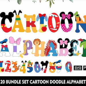 Cartoon Doodle 20Set Mickey Cars Prinzessin Alphabet Pooh Donald Pluto Alphabet Cartoon Daisy Minnie Princess Letters SVG PNG
