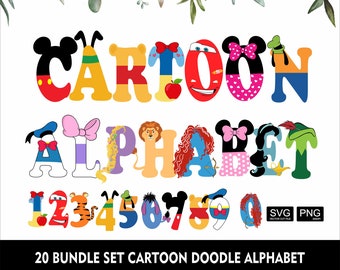 Cartoon Doodle 20Set Mickey Cars Princess Alphabet Pooh Donald Pluto Alphabet Cartoon Daisy Minnie Princess Letters SVG PNG