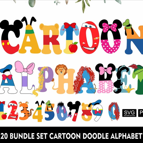 Dessin animé Doodle 20 ensemble Mickey voitures princesse Alphabet ourson Donald Pluto Alphabet dessin animé Daisy Minnie princesse lettres SVG PNG