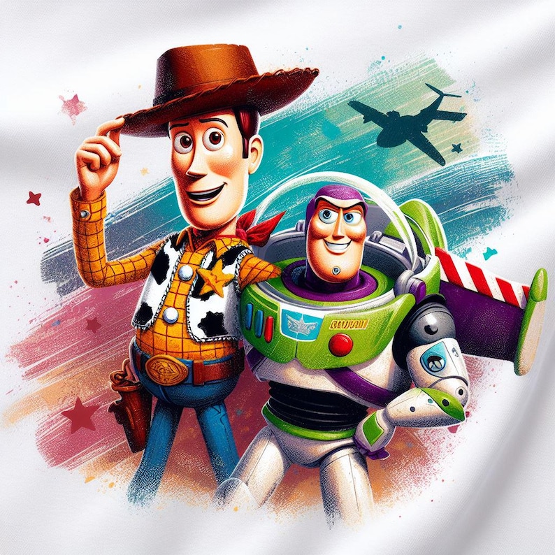 May include: A vibrant illustration of Woody and Buzz Lightyear from Toy Story. Woody, wearing a cowboy hat and vest, stands beside Buzz, in a green and white spacesuit. The background has a painted effect with stars and a plane silhouette.