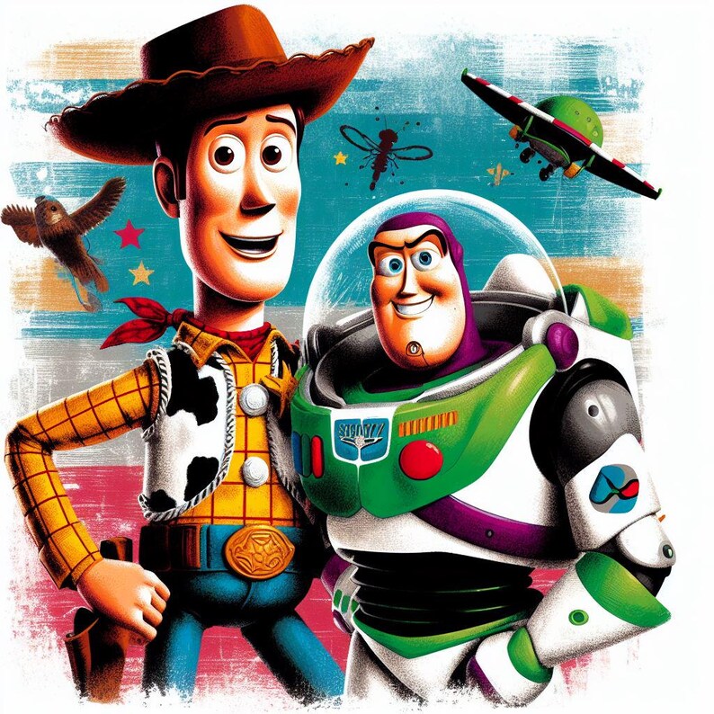 May include: Illustration of Woody and Buzz Lightyear from Toy Story. Woody wears a cowboy hat, vest, and shirt. Buzz Lightyear is in a green and white spacesuit. The background has a blue and red colour scheme with stars and a flying saucer.