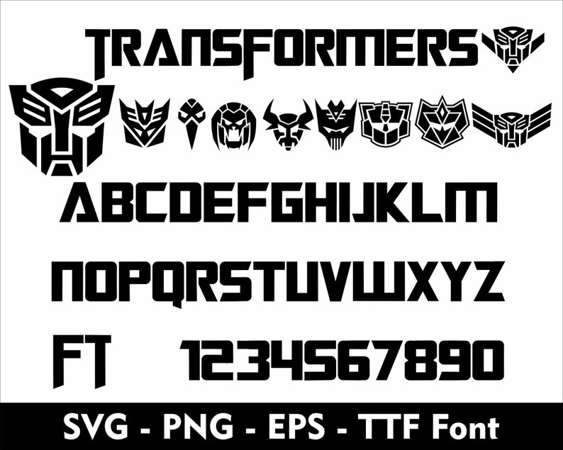 Puede incluir: Alfabeto de fuente Transformers en blanco y negro con la palabra "Transformers" en la parte superior y las letras A-Z, los n&uacute;meros 1-9 y 0, y las letras F y T. La fuente es negrita y de bloque.