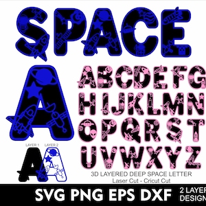 Alfabeto del espacio profundo 3D Svg niño cumpleaños espacio fuente letras espaciales en capas para Cricut Cut Svg Png Eps Ai Dxf