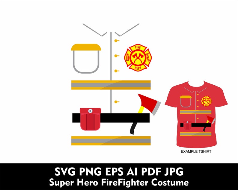 May include: A red and yellow firefighter costume design with a fire department logo, axe, and belt. The design is for a t-shirt and includes the text "Super Hero FireFighter Costume".