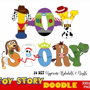 Toy Story Doodle Alphabet BUNDLE 10 Set Toys Story Schrift Buzz Woody Rex Jessie Buchstabe A-Z Story Schrift Toy Doodle Letter Story Letters Png