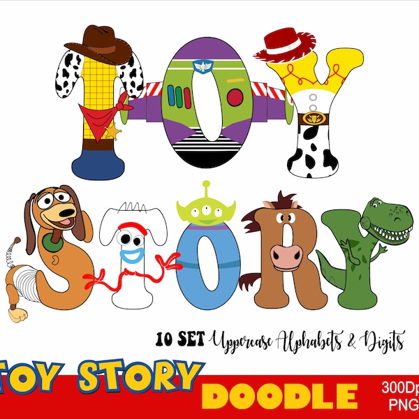 Toy Story Doodle Alphabet BUNDLE 10 Set Toys Story Font Buzz Woody Rex Jessie Letter A-Z Story Font Toy Doodle Letter Story Letters Png