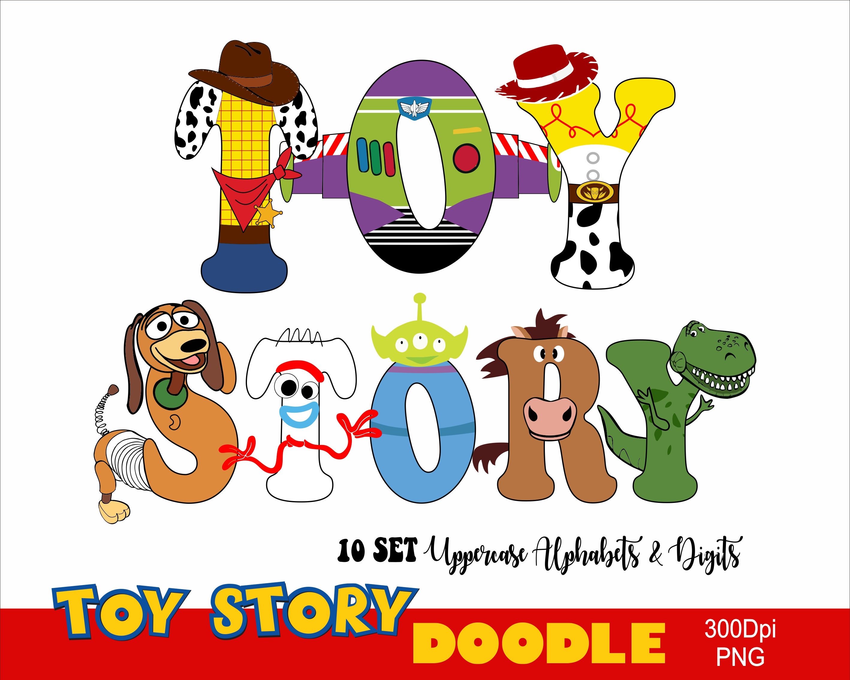 Lot de 10 lettres de l'alphabet à griffonnage Toy Story, polices Toys Story Buzz Woody Rex Jessie, lettres de A à Z, polices Story Toy Doodle, lettres Story Letters PNG