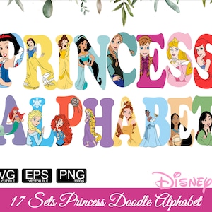 Ensemble de 17 polices de caractères de l'Alphabet princesse fille princesse Doodle polices SVG La Reine des neiges, Belle, police Anna Princess Alphabet d'anniversaire Svg Png Eps