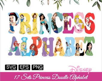 Princess Alphabet Letters Font 17 Set Girl Princess Doodle Font Frozen SVG, Belle, Anna Princess Font Birthday Alphabet Svg Png Eps