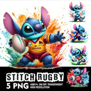 May include: A blue Stitch character from the Disney movie Lilo & Stitch is depicted playing rugby. The character is wearing a red, yellow, and black jersey with the words "RISAA" and "NRL" on it. The background is a watercolor-style design with splashes of color.
