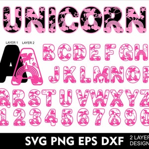 Alphabet licorne 3D Svg anniversaire fille Alphabet licorne en couches polices Svg pour coupe Cricut Svg Png Eps Ai Dxf