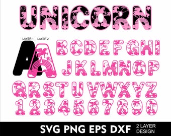 3D Unicorn Alphabet Svg Girl Birthday Unicorn Alphabet Layered Font Svg for Cricut Cut Svg Png Eps Ai Dxf