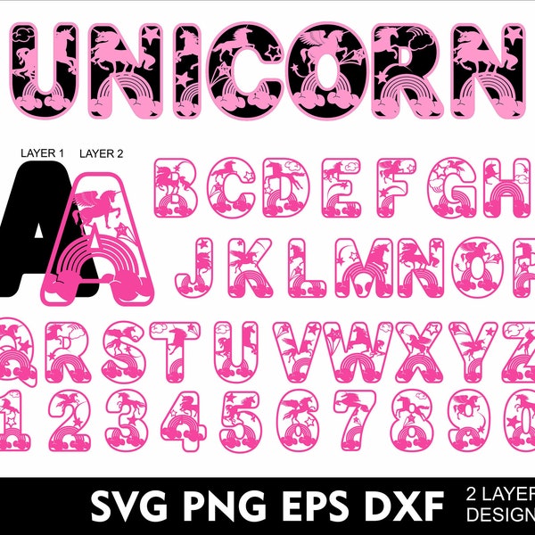 3D Unicorn Alphabet Svg Girl Birthday Unicorn Alphabet Layered Font Svg for Cricut Cut Svg Png Eps Ai Dxf