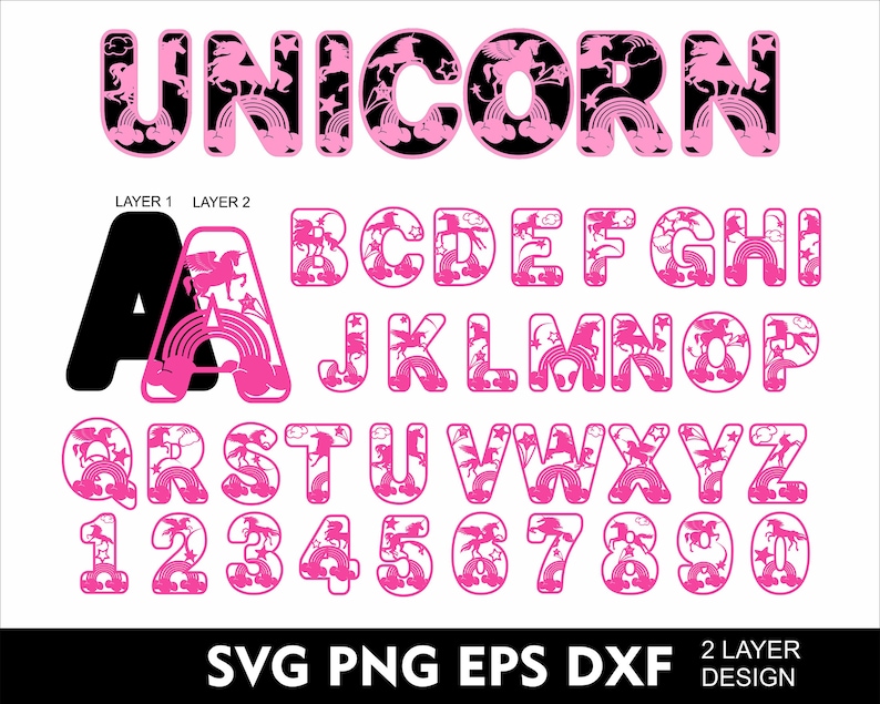 Puede incluir: Conjunto de alfabeto y n&uacute;meros con tem&aacute;tica de unicornio rosa y negro. Cada letra y n&uacute;mero presenta un dise&ntilde;o de unicornio, arco&iacute;ris y nube. La palabra "UNICORN" se muestra en la parte superior. Incluye formatos de archivo SVG, PNG, EPS y DXF.