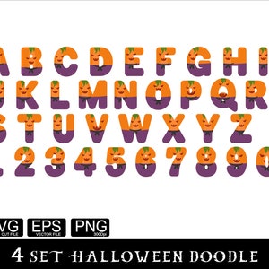 May include: A set of Halloween-themed alphabet letters and numbers. Each letter and number is orange and purple with a jack-o-lantern face.