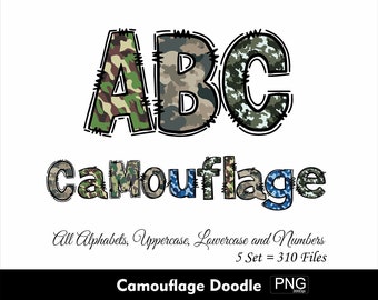 Doodle Camouflage Alphabet BUNDLE 5 Set PNG Letters Camo Font Navy Alphabet Soldier Doodle Png