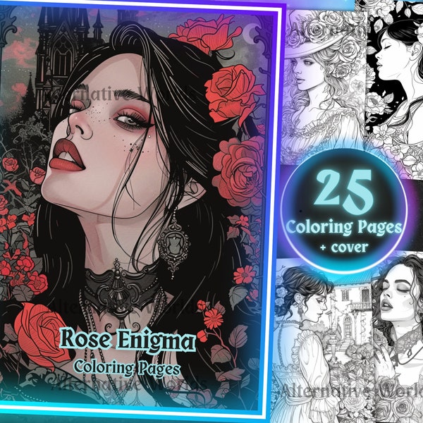 Gothic Beautiful Woman Portrait Rose Coloring Pages, Romantic Victorian Goth Sheet, Grayscale Adult Floral Printable PDF Coloring Book