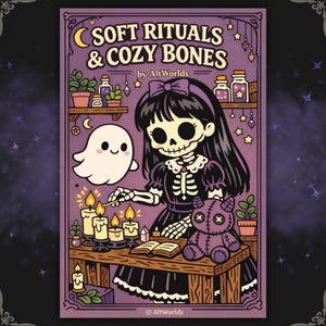May include: Illustration featuring a skeleton girl with black hair and a purple bow, lighting candles. The image includes a friendly ghost, a purple teddy bear, and the text "SOFT RITUALS & COZY BONES" by AltWorlds. The color palette is primarily purple, black, and white.