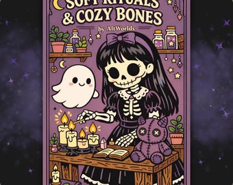 May include: Illustration featuring a skeleton girl with black hair and a purple bow, lighting candles. The image includes a friendly ghost, a purple teddy bear, and the text "SOFT RITUALS & COZY BONES" by AltWorlds. The color palette is primarily purple, black, and white.