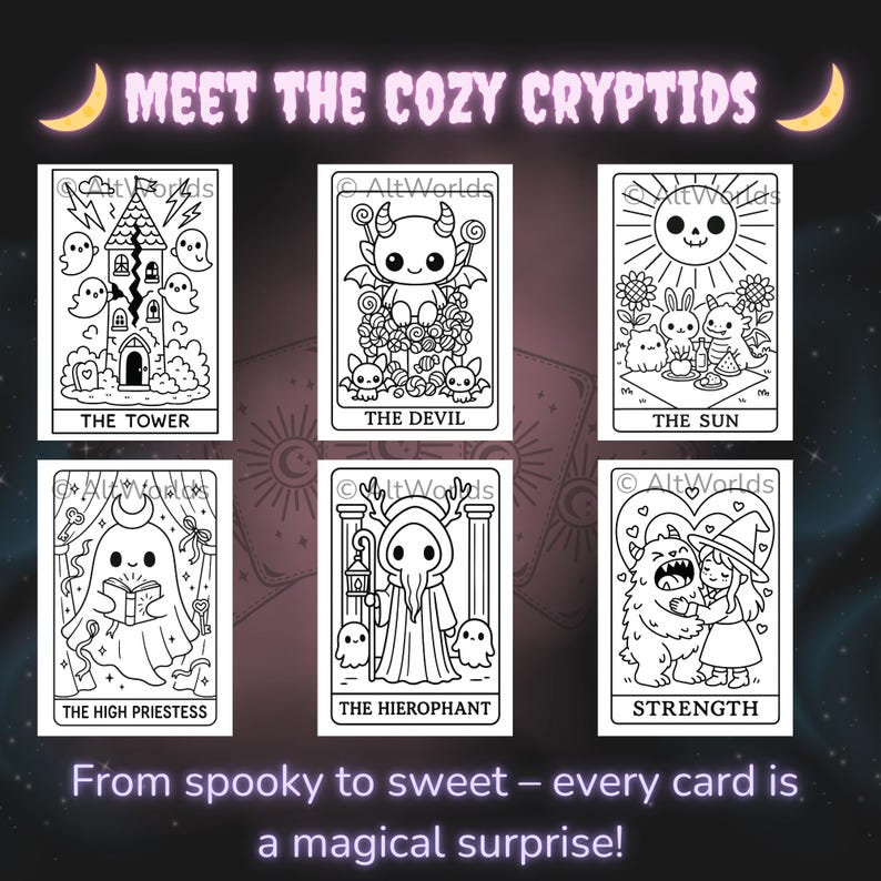 Cozy Cryptids Tarot Coloring Book: Creepy Cutie Kawaii Goth Style (PDF) image 4