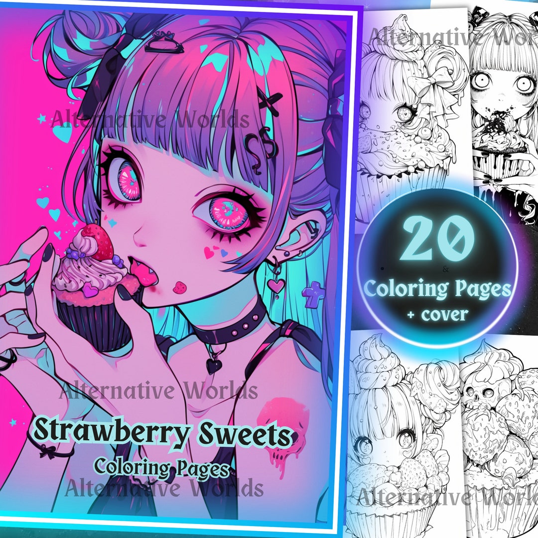 Strawberry Cupcake Anime Kawaii Dessert Coloring Pages, Creepy Cute