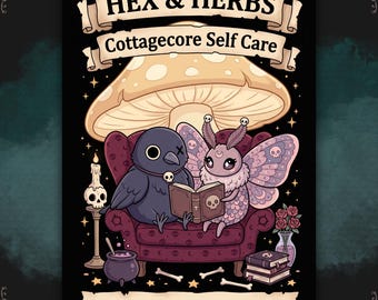 May include: A coloring book titled "Hex & Herbs Cottagecore Self Care" with a whimsical illustration. A crow and a moth are seated on a red armchair, reading a book. A mushroom, candle, cauldron, and bones are also featured. The book is from AltWorlds.