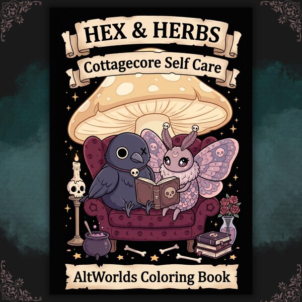 Páginas para colorir em estilo Cottagecore sombrio, criaturas assustadoras e kawaii de autocuidado em PDF