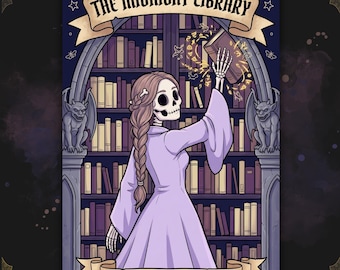 May include: A coloring book titled The Midnight Library and AltWorlds Coloring Book featuring a skeleton with braided hair in a light purple dress reaching for a book in a library with gargoyles, moths, and magical symbols on a dark background.