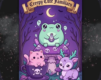 May include: A coloring book cover with the title "Creepy Cute Familiars" on a banner. The illustration features a green frog, a pink cat in a teacup, and a purple deer, all with cute, spooky designs. The background is a dark purple with bats, ghosts, and a moon.