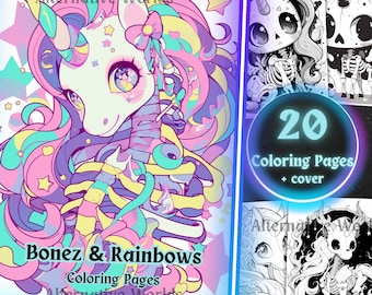Spooky Unicorn Coloring Pages, Cute Goth Skeletons PDF, Pastel Kawaii Halloween Art, Grayscale Unicorn Book, Creepy Cute Printable