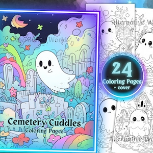 Libro para colorear fantasmas kawaii en PDF: lindas páginas de Halloween espeluznantes, imprimible gótico pastel para adultos y adolescentes, arte de cementerio estilo anime