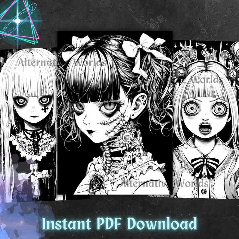 Dark Anime Gothic Girl Horror Coloring Pages, Creepy Anime Japanese