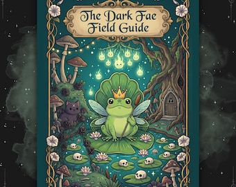 May include: A coloring book titled "The Dark Fae Field Guide" with a teal cover. The cover features a whimsical illustration of a frog king on a lily pad, surrounded by skulls, mushrooms, and other fantasy elements. The text "AltWorlds Coloring Book" is at the bottom.