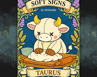Könnte beinhalten: Eine Illustration mit einem Stoffkuh-Charakter mit gelben Hörnern, der Teig auf einem Holzbrett knetet. Das Bild ist mit floralen und Weizenmotiven umrahmt. Der Text lautet "SOFT SIGNS" und "TAURUS".