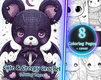 Goth Kawaii Crochet Coloring Pages – Amigurumi Baby Animals PDF, Cute Spooky Knitting Art, Fiber Arts Printable for Kids & Adults